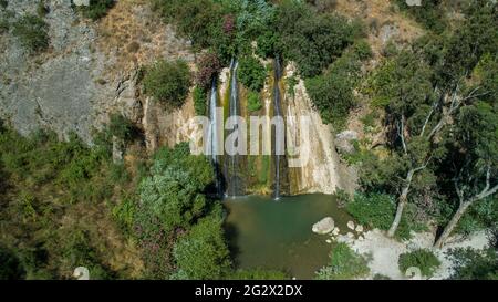 Luftaufnahmen vom Banias-Strom (Banias-Fluss oder Hermon-Fluss) Golanhöhen, Israel Stockfoto