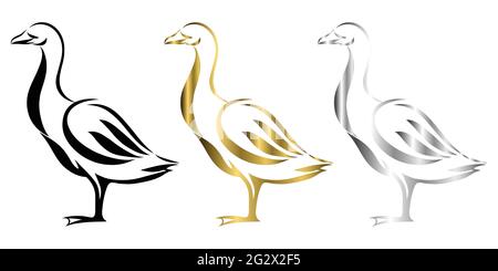Vektor-Linie Art Illustration Logo einer Gans Es steht dort drei Farben schwarz Gold und Silber Stock Vektor