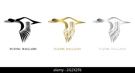 Linie Kunst Vektor-Logo der Stockente, die drei Farben schwarz Gold Silber fliegen Stock Vektor