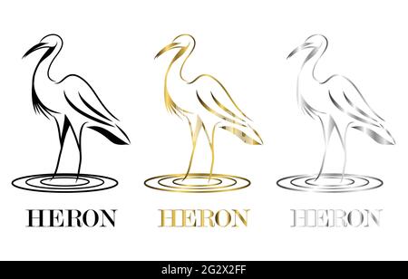Linie Kunst Vektor-Logo von Reiher, die drei Farbe schwarz Gold Silber steht Stock Vektor