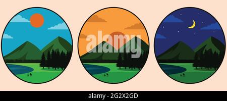 Illustration einer Ansicht der Berge See Bäume Grasland Himmel und Rehe essen Es gibt drei Bilder, die dreimal den Tag Sonnenuntergang und Nacht Stock Vektor