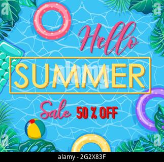 „Hello Summer Sale“-Banner mit Illustrationen zu Sommerelementen Stock Vektor