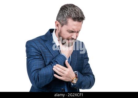 Ungesunder Regisseur im Anzug Halse leiden an Halsschmerzen isoliert auf weiße, Mandelentzündung. Stockfoto