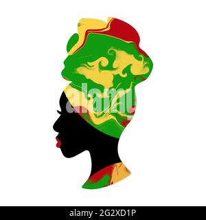 Das schwarze Frauenprofil ist ein wunderschöner weiblicher Kopf in einer traditionellen Kopfbewicklung. Juneteenth Concept, Black History Month. Stockfoto