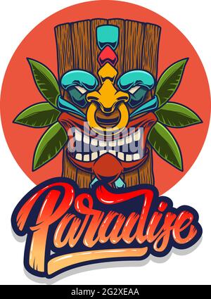 Paradies. Emblem-Vorlage mit Tiki Idol. Gestaltungselement für Plakat, Karte, Banner, Zeichen, Emblem. Vektorgrafik Stock Vektor
