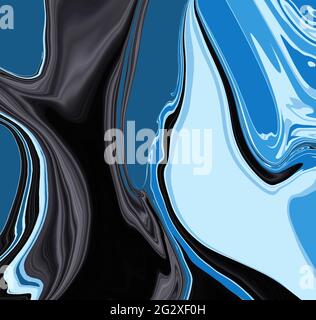 Blau Schwarz Psychedelisch Flüssigkeit Marmor Flüssigkeit abstrakte Kunst Hintergrund Design. Trendiger, flüssiger Marmor-Stil. Ideal für Web, Werbung, Drucke, Tapeten. Stockfoto