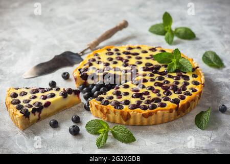 Hausgemachte Heidelbeercreme-Torte auf hellem Hintergrund. Stockfoto