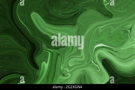 Grün Psychedelische Flüssigkeit Marmor Flüssigkeit abstrakte Kunst Hintergrund Design. Trendiger, flüssiger Marmor-Stil. Ideal für Web, Werbung, Drucke, Tapeten. Stockfoto