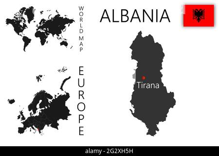 Realistische Vektorkarte von Albanien mit Flagge. Die Lage des Landes auf der Welt- und Europakarte. Eine Silhouette mit detaillierten Rändern der s Stock Vektor