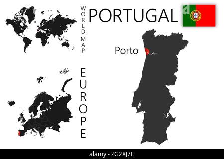 Realistische Vektorkarte von Portugal mit Flagge. Die Lage des Landes auf der Welt- und Europakarte. Eine Silhouette mit detaillierten Rändern der Stock Vektor