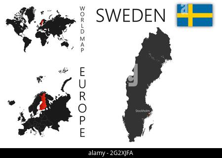 Realistische Vektorkarte von Schweden mit Flagge. Die Lage des Landes auf der Welt- und Europakarte. Eine Silhouette mit detaillierten Rändern der st Stock Vektor