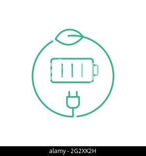 Grünes Batteriesymbol. Konzept für saubere Energie. Umweltfreundliche Energiequellen. Batterie in einem Kreis mit einem Blatt und einem Stecker. Umweltfreundliche nachhaltige Energie Stock Vektor