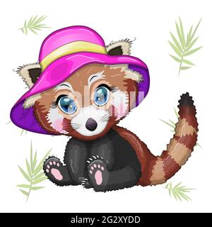 Red Panda Mädchen in rosa Sommerhut, Urlaubskonzept. Stock Vektor
