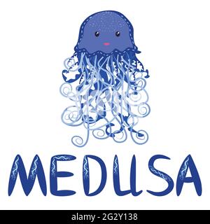 Lustige Qualle handgezeichnet und signierter Titel. Niedliche Unterwasserwelt, skandinavischen Stil, detailliert. Stock Vektor