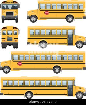 Schulbusse Vektorvorlage mit einfachen Farben ohne Verläufe und Effekte. Blick von der Seite, vorne und hinten Stock Vektor
