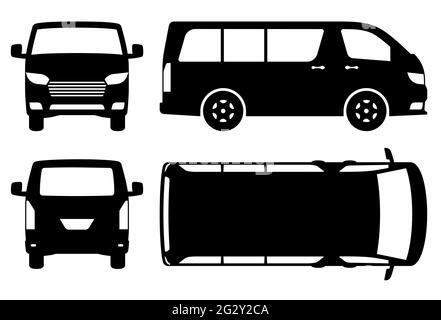 Van Silhouette auf weißem Hintergrund. Fahrzeugsymbole stellen die Ansicht von der Seite, vorne, hinten und oben ein Stock Vektor