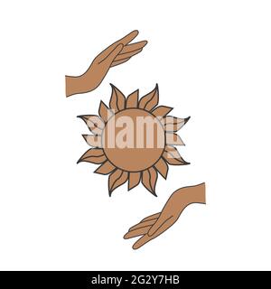 Esoterisches Symbol. Mystisches und magisches Design mit Sonne, Hand, Sternen und Mond. Stock Vektor