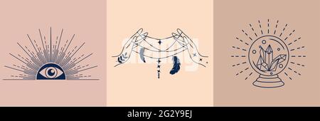 Sammlung von mystischen und geheimnisvollen Objekten, Schädeln, Tieren, Weltraumobjekten, Zauberball, Kristalle, menschliche Hände. Minimalistische Objekte Stock Vektor