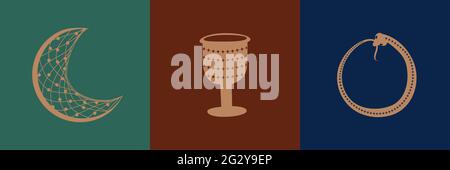 Sammlung von mystischen und geheimnisvollen Objekten, Schädeln, Tieren, Weltraumobjekten, Zauberball, Kristalle, menschliche Hände. Minimalistische Objekte Stock Vektor