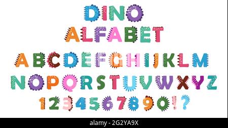 Lustige Comic Dino Alphabet und Zahlen im Cartoon-Stil. Helle moderne Illustration für Kinder, Kinderzimmer, Poster, Karte, Geburtstagsfeier, Verpackungspapier de Stock Vektor