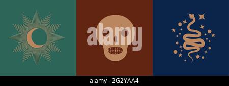 Sammlung von mystischen und geheimnisvollen Objekten, Schädeln, Tieren, Weltraumobjekten, Zauberball, Kristalle, menschliche Hände. Minimalistische Objekte Stock Vektor