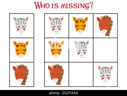 Sudoku Spiel für Kinder mit Bildern. Kinder Aktivität Blatt. Niedliche afrikanische Tiere Schnauze Stock Vektor