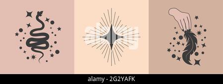 Sammlung von mystischen und geheimnisvollen Objekten, Schädeln, Tieren, Weltraumobjekten, Zauberball, Kristalle, menschliche Hände. Minimalistische Objekte Stock Vektor