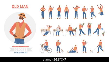 afroamerikanischer schwarzer alter Mann posiert Infografik Vektor Illustration Set. Cartoon ältere bärtige Hipster-Figur posiert, stehend und springend, mit Hund zu Fuß und auf der Bank isoliert sitzen Stock Vektor