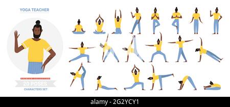 African american schwarz Yoga Lehrer Posen Vektor Illustration Set. Cartoon-Yogist-Mann, der Yogi-Asana-Übungen macht, meditiert, sitzende Lotushaltung, Infografik-Aktivität-Routine isoliert Stock Vektor