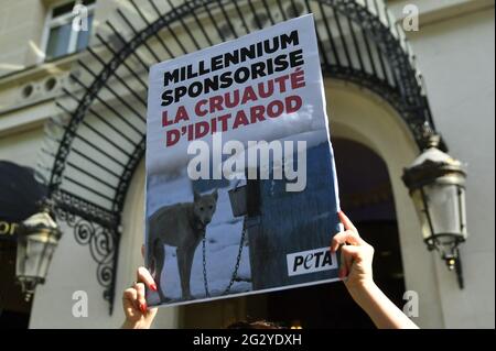 Paris, Frankreich. Juni 2021. PETA-Protest gegen Hotel Millennium, Sponsor von iditarod, gewalttätiges Schlittenrennen für Hunde, vor dem Millennium Resort Hotel in Paris, Frankreich, am 12. Juni 2021. Foto von Karim Ait Adjedjou/Avenir Pictures/ABACAPRESS.COM Stockfoto