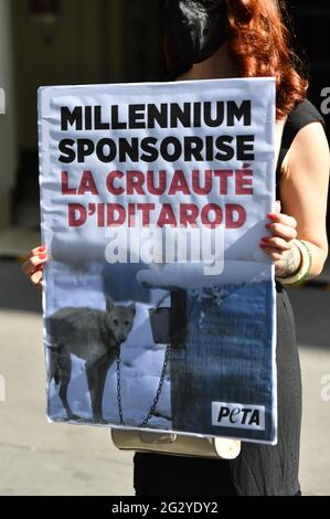 Paris, Frankreich. Juni 2021. PETA-Protest gegen Hotel Millennium, Sponsor von iditarod, gewalttätiges Schlittenrennen für Hunde, vor dem Millennium Resort Hotel in Paris, Frankreich, am 12. Juni 2021. Foto von Karim Ait Adjedjou/Avenir Pictures/ABACAPRESS.COM Stockfoto