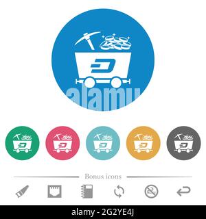 Dash Kryptowährung Mining mit Schatz flache weiße Symbole auf runden farbigen Hintergründen. 6 Bonus-Symbole enthalten. Stock Vektor