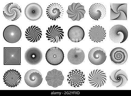 Spiralen schwenken. Spiral Vortex Bewegung Elemente, Schwindel Bewegung Wirbel Spiral Silhouetten Vektor Illustration Element set. Abstrakte Spiralsymbole Stock Vektor