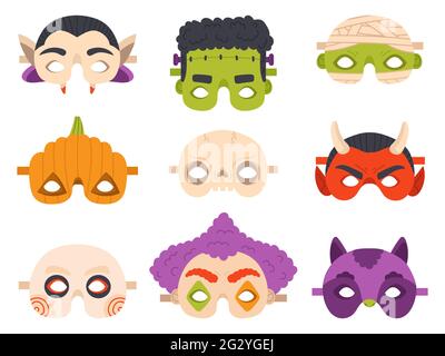 Halloween Karnevalsmasken. Happy halloween Teufel, Mama, Kürbis und Vampir Party Maske Vektor Illustration Set. Niedliche halloween Maskerade Masken Stock Vektor