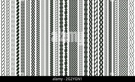 Nahtlose Umrandungen mit Flechtslaibungen Geflochtene nautische Zöpfe, geknüpfte Zöpfe Ornamente isoliert Vektor-Symbole gesetzt. Zöpfe weben Elemente Stock Vektor