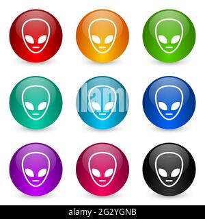 Alien Face Icon Set, bunt glänzend 3D Rendering Ball Buttons in 9 Farboptionen für webdesign und mobile Anwendungen Stockfoto