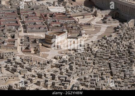 Ein Modell im Maßstab 1:1:50 von Jerusalem im Holyland-Stil, das am Ende der zweiten Tempelperiode auch als Modell von Jerusalem bekannt ist. Israel Museum, Jerusalem. Israel Stockfoto