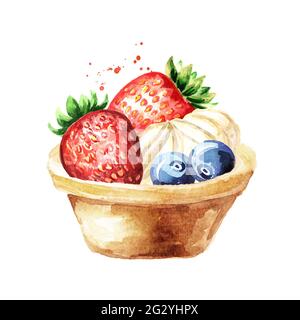 Festliche Speisen, Torte mit Früchten und Beeren. Aquarell handgezeichnete Illustration isoliert auf weißem Hintergrund Stockfoto