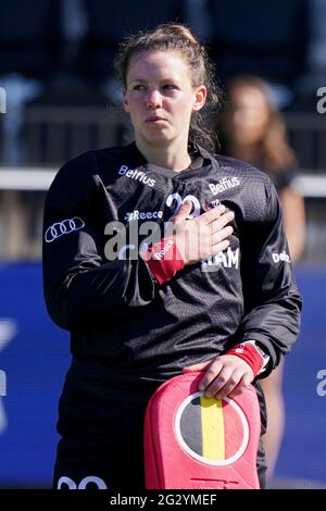 AMSTELVEEN, NIEDERLANDE - 13. JUNI: Torhüterin Elodie Picard aus Belgien während der Euro Hockey Championships Frauenspiel zwischen Belgien und Spanien im Wagener Stadion am 13. Juni 2021 in Amstelveen, Niederlande (Foto: Jeroen Meuwsen/Orange Picters) Stockfoto