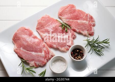 Kalbsschnitzel mit Gewürzen auf einem weißen Teller. Direkt darüber. Stockfoto