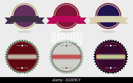 Farbenfrohes Badge-Label in den Farben Dunkelrot, Grau, Grün, Violett, Blau und Pink Stock Vektor