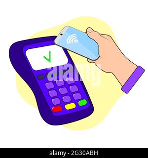 Ein Mobiltelefon, das mit einem drahtlosen POS-Terminal verbunden ist, ein NFC-Point of Sale, der das Telefon in der Hand hält.Vektor Stock Vektor