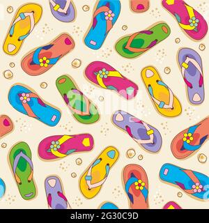 Nahtlose (wiederholbare) Flip-Flops und Strandsandmuster oder Hintergrund, Tapete Stockfoto