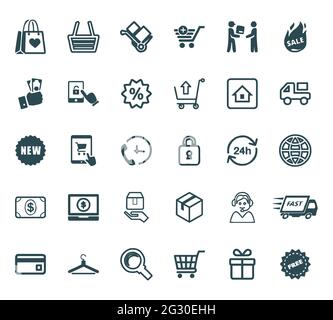 E-Commerce-Symbol auf weißem Hintergrund für Website, Apps gesetzt Stock Vektor