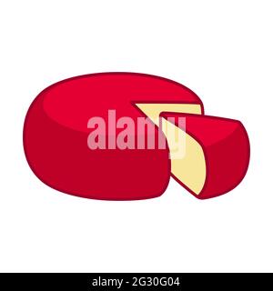 Cartoon Edam Käse mit roter Wachsschale. Käsescheibe mit geschnittenem Stück. Isolierte Vektor-Clip-Art-Illustration. Stock Vektor
