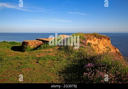 Eine Pillendose aus dem Zweiten Weltkrieg, die größtenteils unter der Erde auf der Klippe in North Norfolk in Weybourne, Norfolk, England, Großbritannien, errichtet wurde. Stockfoto