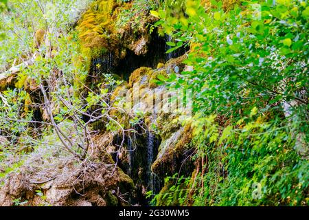 Wasserfälle, Rio Cuervo - Fluss Cuervo, Naturdenkmal im Sommer. Vega del Codorno, Cuenca, Castilla La Mancha, Spanien, Europa Stockfoto