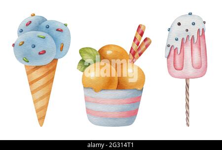 Aquarell Sommer-Set von Eis auf dem hellen Hintergrund. Helle handbemalte Saisonabbildung. Stockfoto
