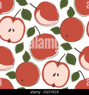 Cartoon roten Apfel Sommer Frucht nahtlose Muster Hintergrund. Niedliche süße Lebensmittel frische Natur Kinder Tapete Design. Vektorgrafik. Stock Vektor