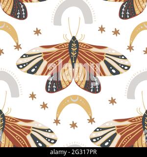 Boho Schmetterling nahtloses Muster auf weißem Hintergrund. Sommer Motte Tapete Illustration. Retro Vintage Mode handgezeichnete Natur Ornament. Stock Vektor